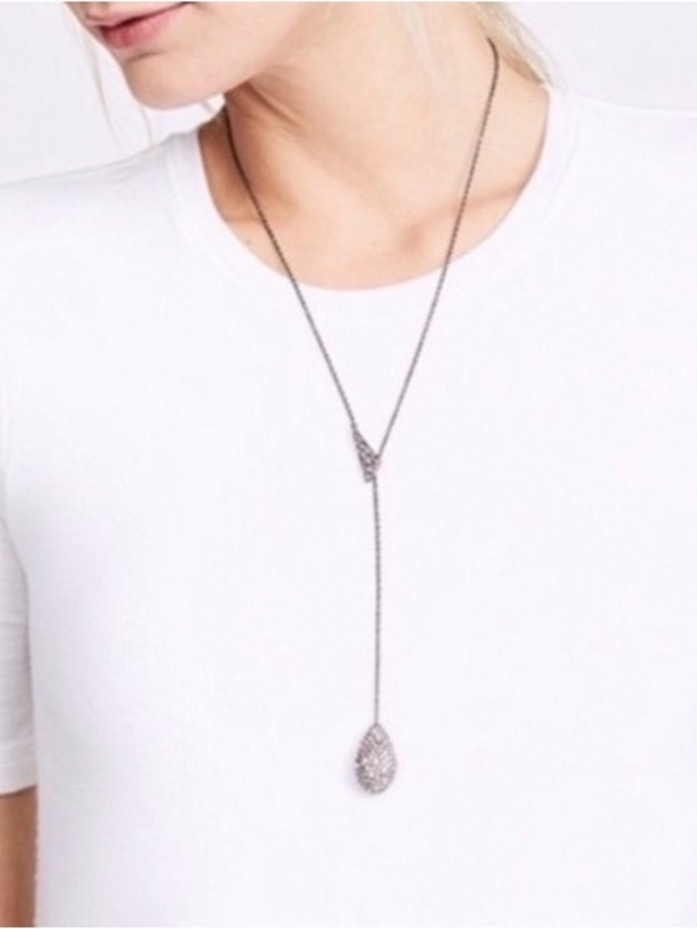 Alexis Bittar Necklace Silver Pavé Clear Crystal Origami Lariat Bolo JL01